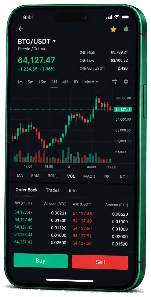 Plataforma de trading Lucebrokerivo no celular — gráfico BTC/USDT ao vivo, livro de ofertas e interface de compra e venda